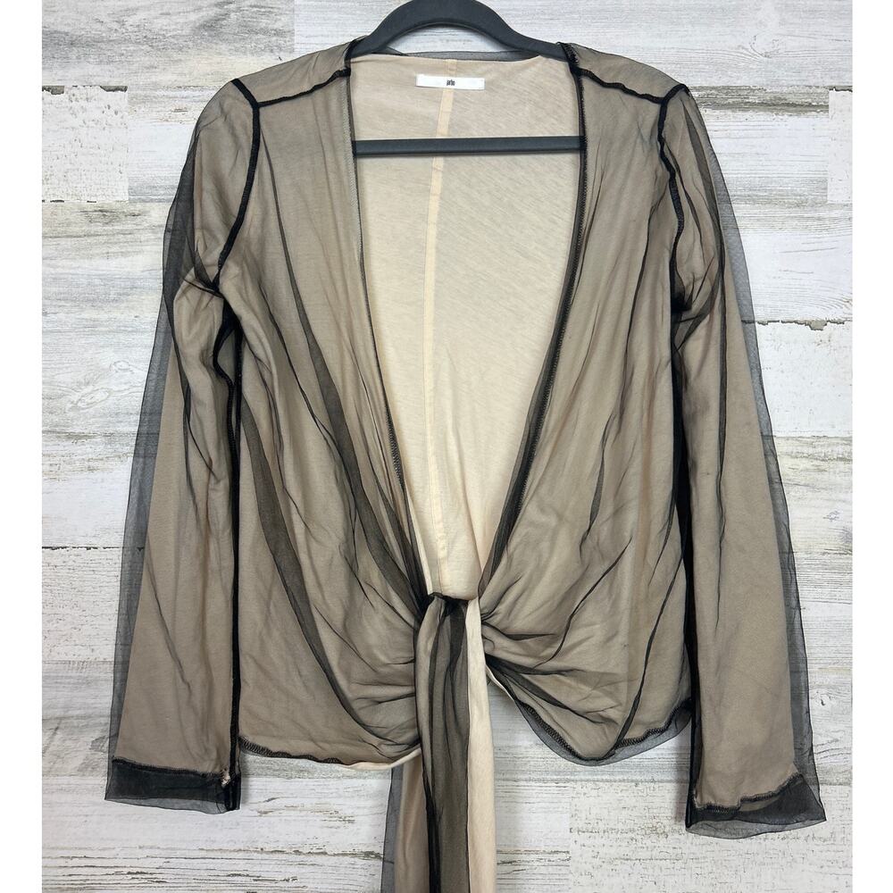 Jarbo Womens M Nude & Black Sheer Cotton Chiffon Tie-Waist Cardigan Dress Blouse